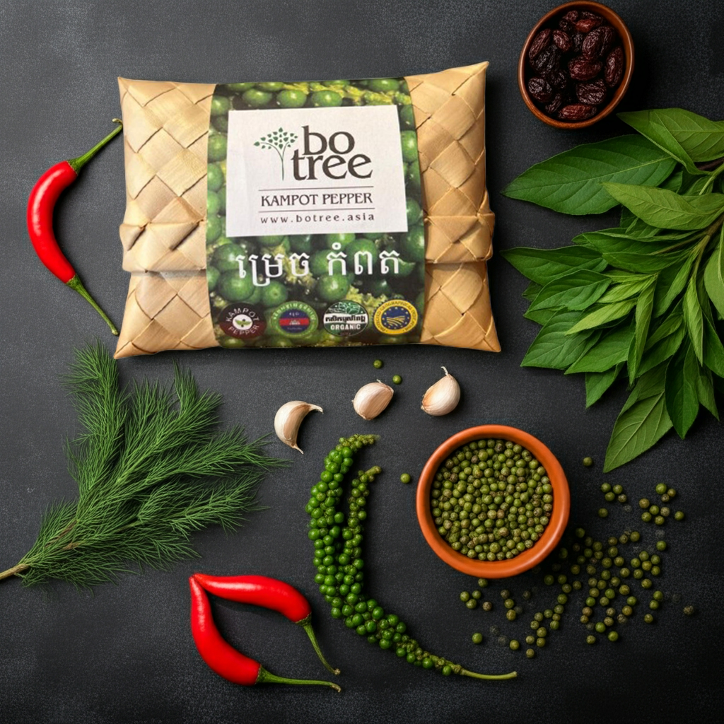 Kampot Pfeffer grün Spezial Edition- 50g  - in handgeflochtenem Palmblatt-Etui