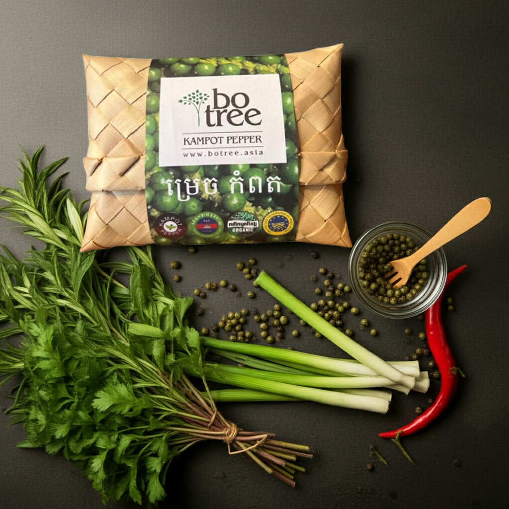 Kampot Pfeffer grün Spezial Edition- 50g  - in handgeflochtenem Palmblatt-Etui